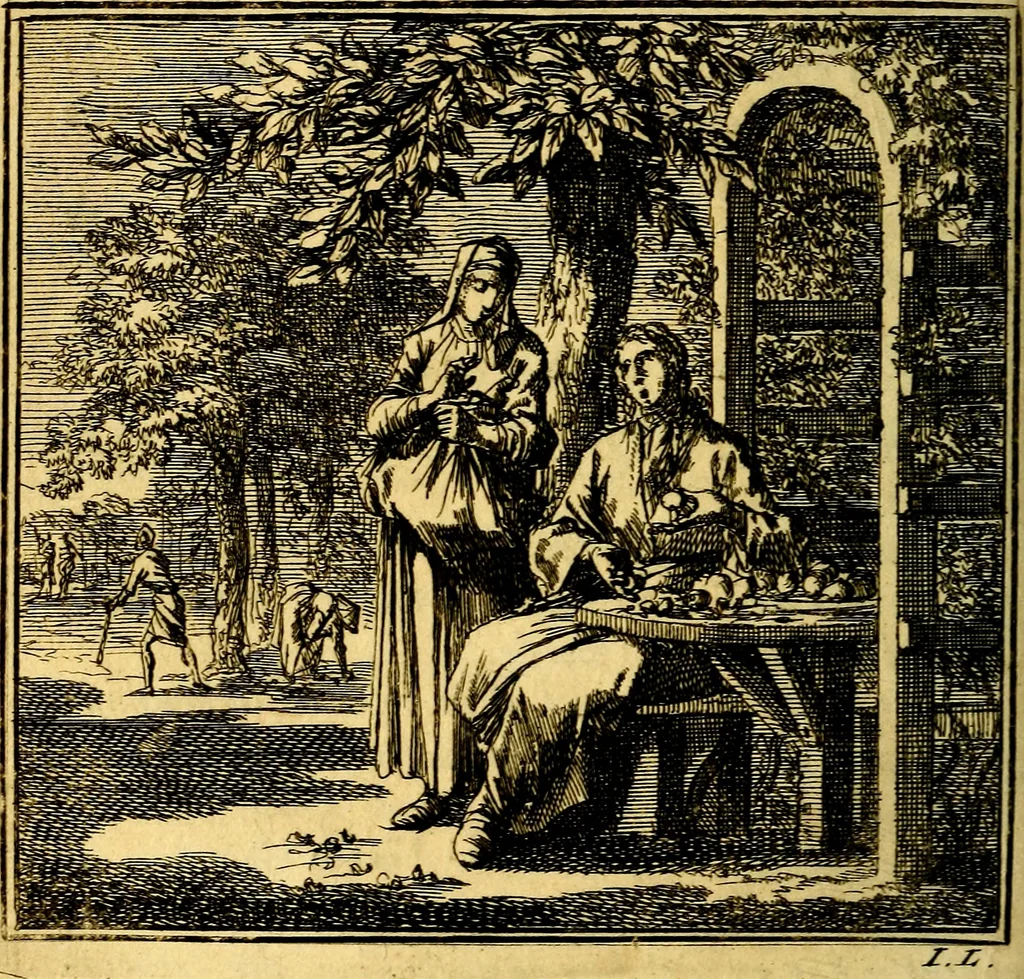 An illustration from De Bykorf des Gemoeds : Honing zaamelende uit allerley Bloemen, 1711, leaf 73