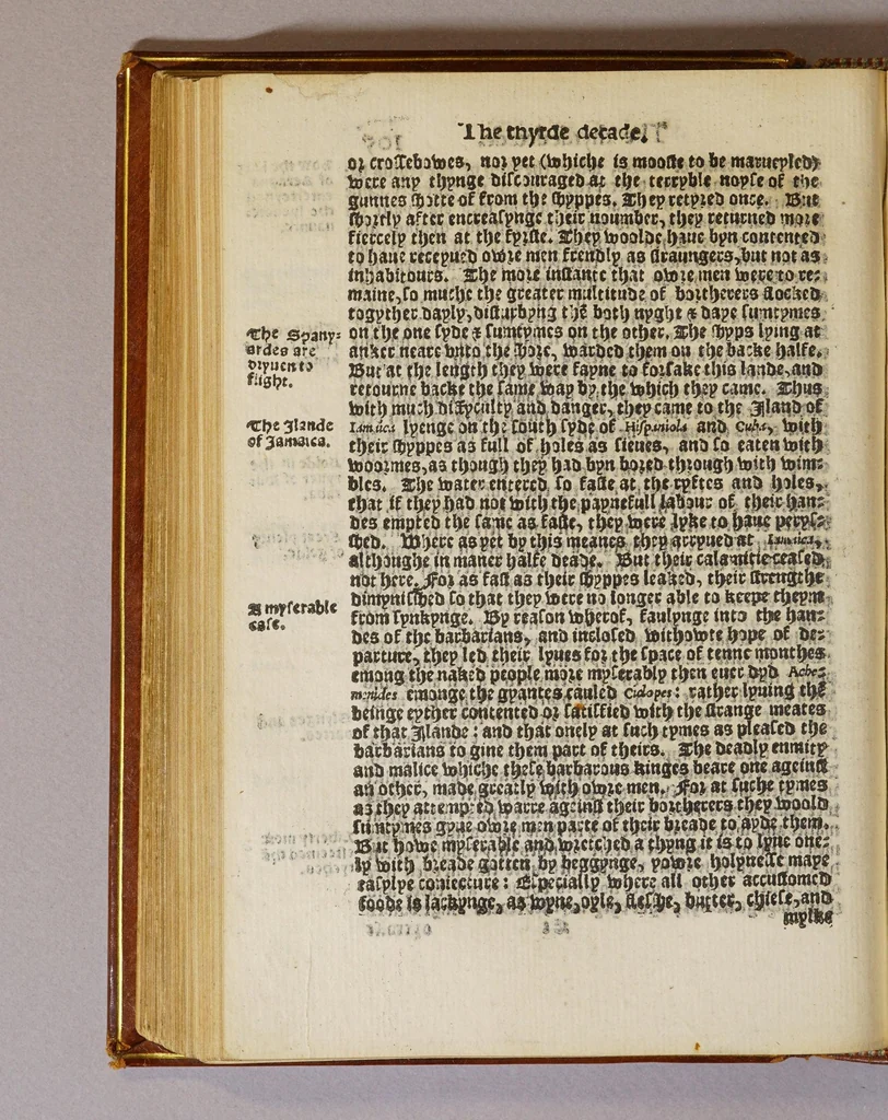 An illustration from The decades of the Newe Worlde or West India, conteynyng the nauigations and conquestes of the Spanyardes, with the particular descripton [sic] of the moste ryche and large landes and ilandes lately founde in the West Ocean perteynyng to the inheritaunce of the kinges of Spayne. : In the which the diligent reader may not only consyder what commoditie may hereby chaunce to the hole Christian world in tyme to come, but also learne many secreates touchynge the lande, the sea, and the starres, very necessarie to be knowe[n] to al such as shal attempte any nauigations, or otherwise haue delite to beholde the strange and woonderfull woorkes of God and nature., 1555, leaf 276