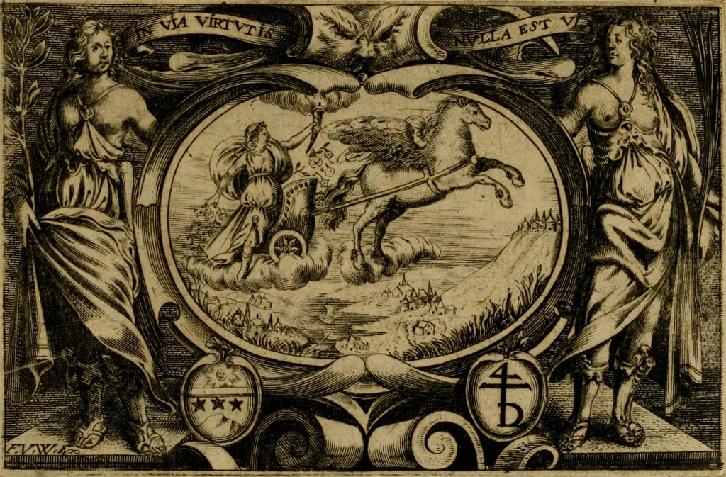 An illustration from De canonicis, et dignitatibus, aliisque inferioribus beneficiariis cathedralium & collegiatarum ecclesiarum, eorúmque officio tam in choro, quàm in capitulo : elegans et perutilis tractatus, 1634, leaf 4
