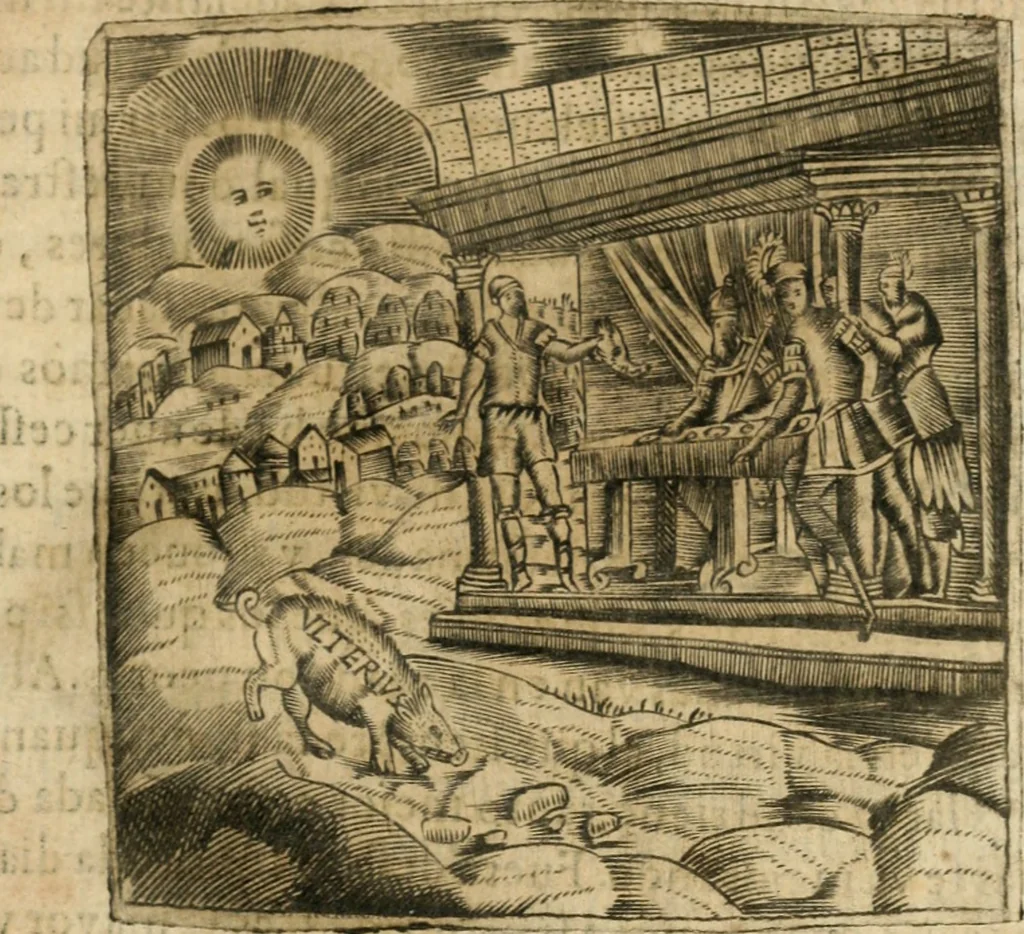 An illustration from Declaracion magistral sobre las emblemas de Andres Alciato con todas las historias, antiguedades, moralidad y doctrina tocante a las buenas costumbres, 1615, leaf 322