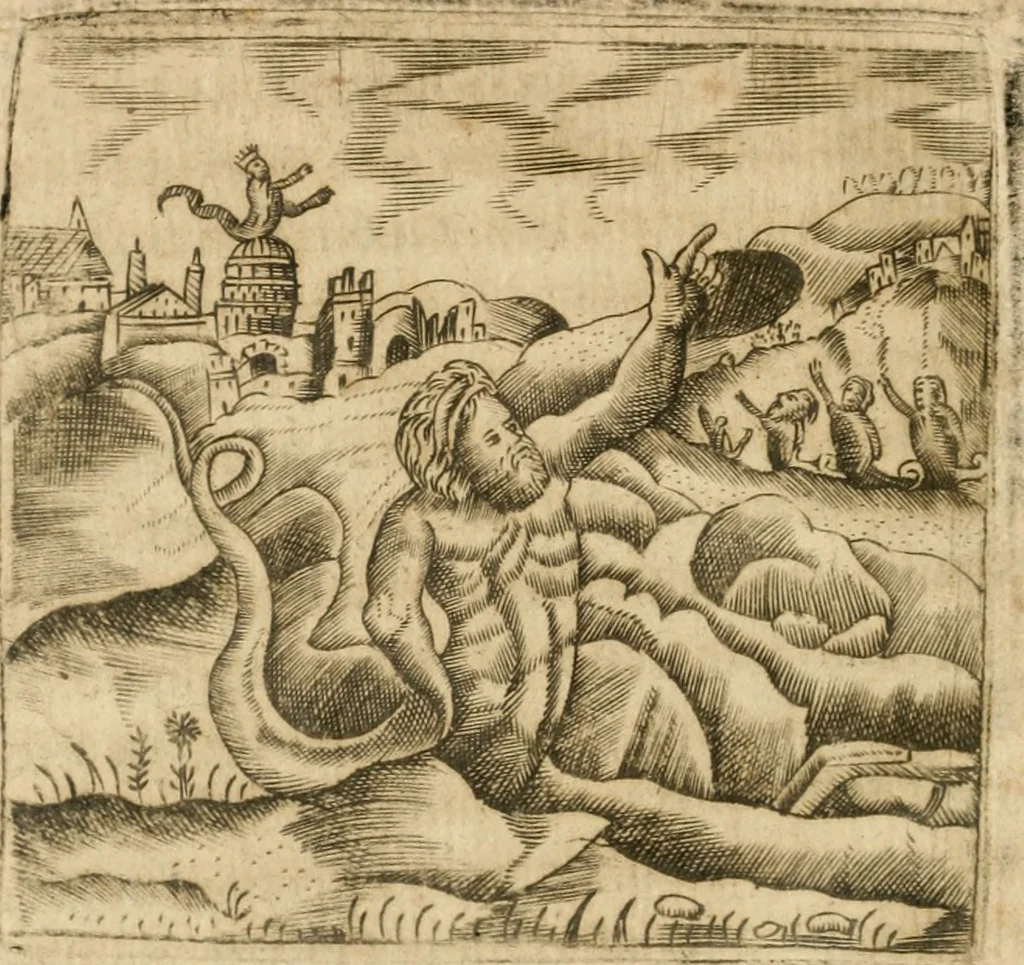 An illustration from Declaracion magistral sobre las emblemas de Andres Alciato con todas las historias, antiguedades, moralidad y doctrina tocante a las buenas costumbres, 1615, leaf 65