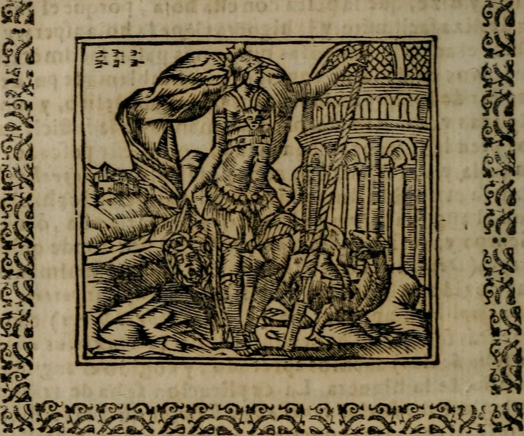An illustration from Declaracion magistral sobre las Emblemas de Andres Alciato : con todas las historias, antiguedades, moralidad, y doctrina, tocante a las buenas costumbres : dedicadas a la muy noble insigne, leal, y coronada ciudad de Valencia, 1670, leaf 129