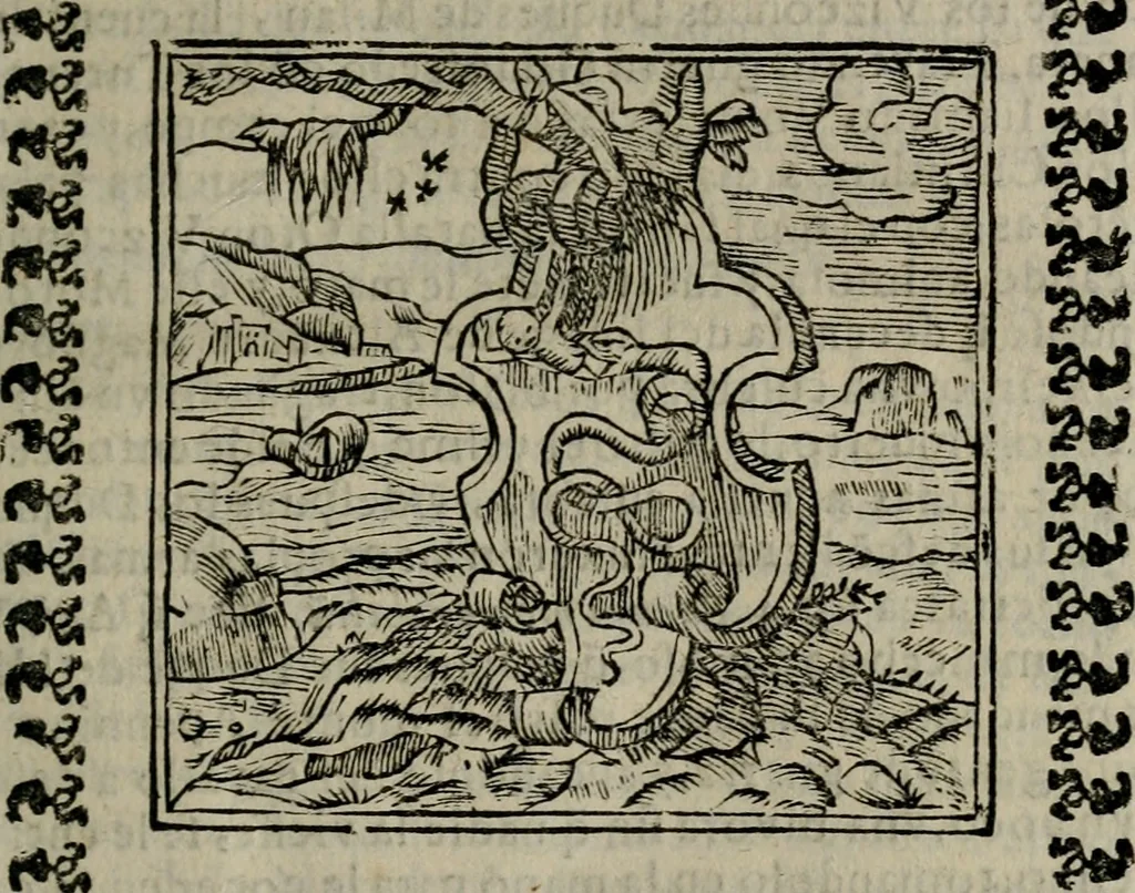 An illustration from Declaracion magistral sobre las Emblemas de Andres Alciato : con todas las historias, antiguedades, moralidad, y doctrina, tocante a las buenas costumbres : dedicadas a la muy noble insigne, leal, y coronada ciudad de Valencia, 1670, leaf 18