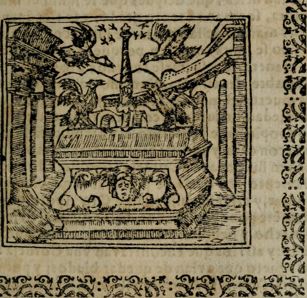 An illustration from Declaracion magistral sobre las Emblemas de Andres Alciato : con todas las historias, antiguedades, moralidad, y doctrina, tocante a las buenas costumbres : dedicadas a la muy noble insigne, leal, y coronada ciudad de Valencia, 1670, leaf 208