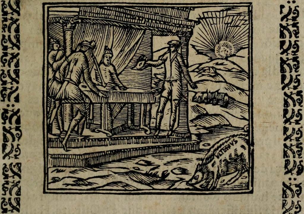 An illustration from Declaracion magistral sobre las Emblemas de Andres Alciato : con todas las historias, antiguedades, moralidad, y doctrina, tocante a las buenas costumbres : dedicadas a la muy noble insigne, leal, y coronada ciudad de Valencia, 1670, leaf 236