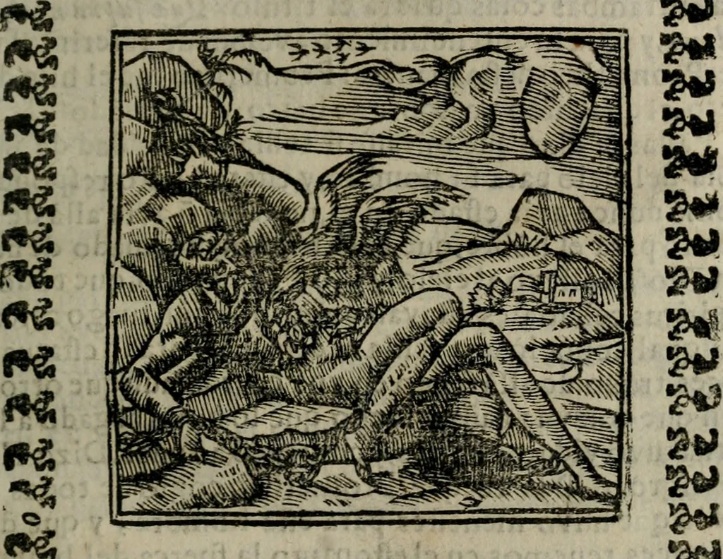 An illustration from Declaracion magistral sobre las Emblemas de Andres Alciato : con todas las historias, antiguedades, moralidad, y doctrina, tocante a las buenas costumbres : dedicadas a la muy noble insigne, leal, y coronada ciudad de Valencia, 1670, leaf 400