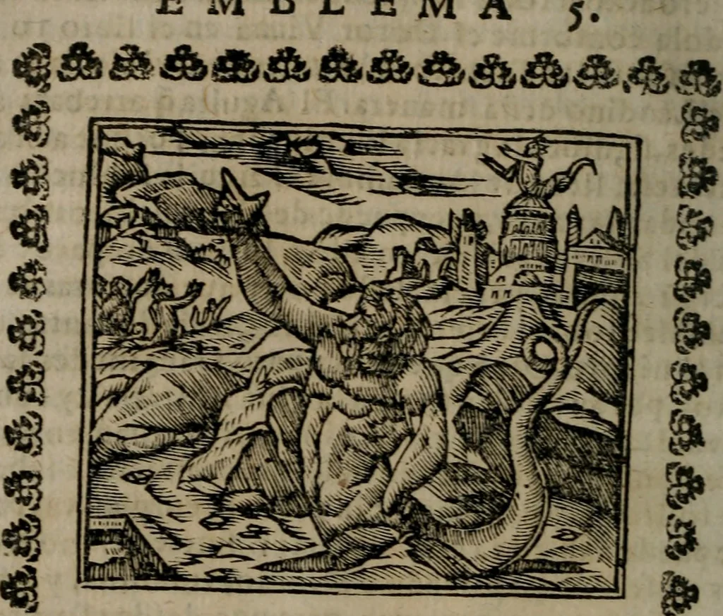 An illustration from Declaracion magistral sobre las Emblemas de Andres Alciato : con todas las historias, antiguedades, moralidad, y doctrina, tocante a las buenas costumbres : dedicadas a la muy noble insigne, leal, y coronada ciudad de Valencia, 1670, leaf 41