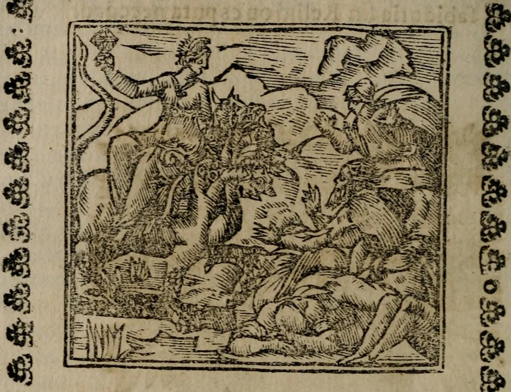 An illustration from Declaracion magistral sobre las Emblemas de Andres Alciato : con todas las historias, antiguedades, moralidad, y doctrina, tocante a las buenas costumbres : dedicadas a la muy noble insigne, leal, y coronada ciudad de Valencia, 1670, leaf 49
