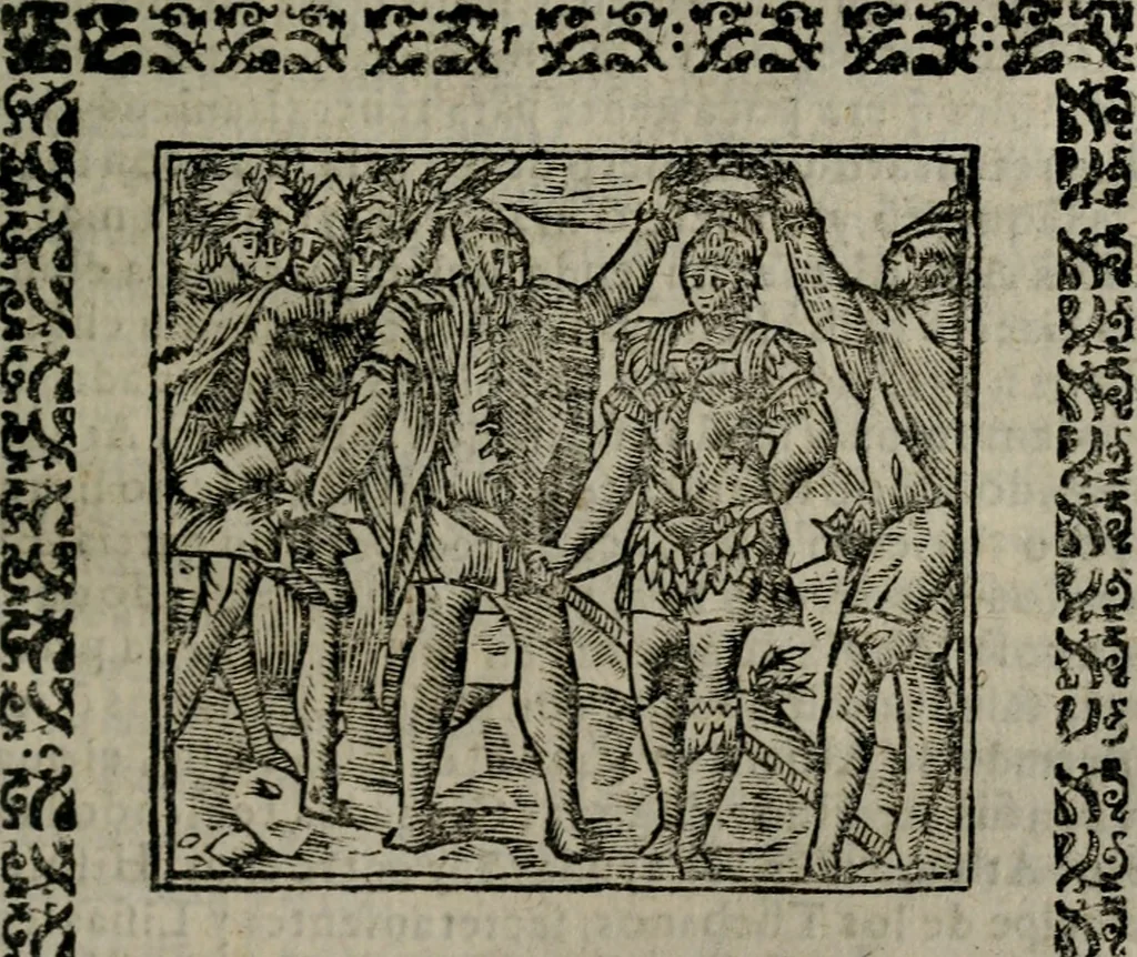 An illustration from Declaracion magistral sobre las Emblemas de Andres Alciato : con todas las historias, antiguedades, moralidad, y doctrina, tocante a las buenas costumbres : dedicadas a la muy noble insigne, leal, y coronada ciudad de Valencia, 1670, leaf 498