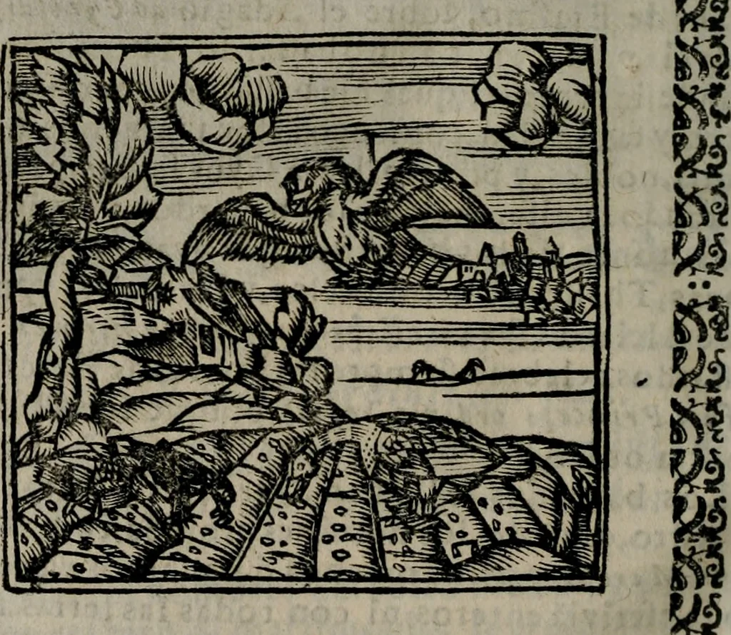 An illustration from Declaracion magistral sobre las Emblemas de Andres Alciato : con todas las historias, antiguedades, moralidad, y doctrina, tocante a las buenas costumbres : dedicadas a la muy noble insigne, leal, y coronada ciudad de Valencia, 1670, leaf 517