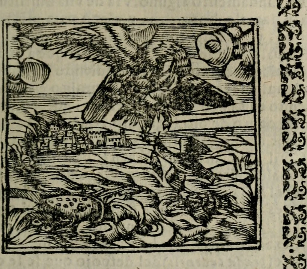 An illustration from Declaracion magistral sobre las Emblemas de Andres Alciato : con todas las historias, antiguedades, moralidad, y doctrina, tocante a las buenas costumbres : dedicadas a la muy noble insigne, leal, y coronada ciudad de Valencia, 1670, leaf 522