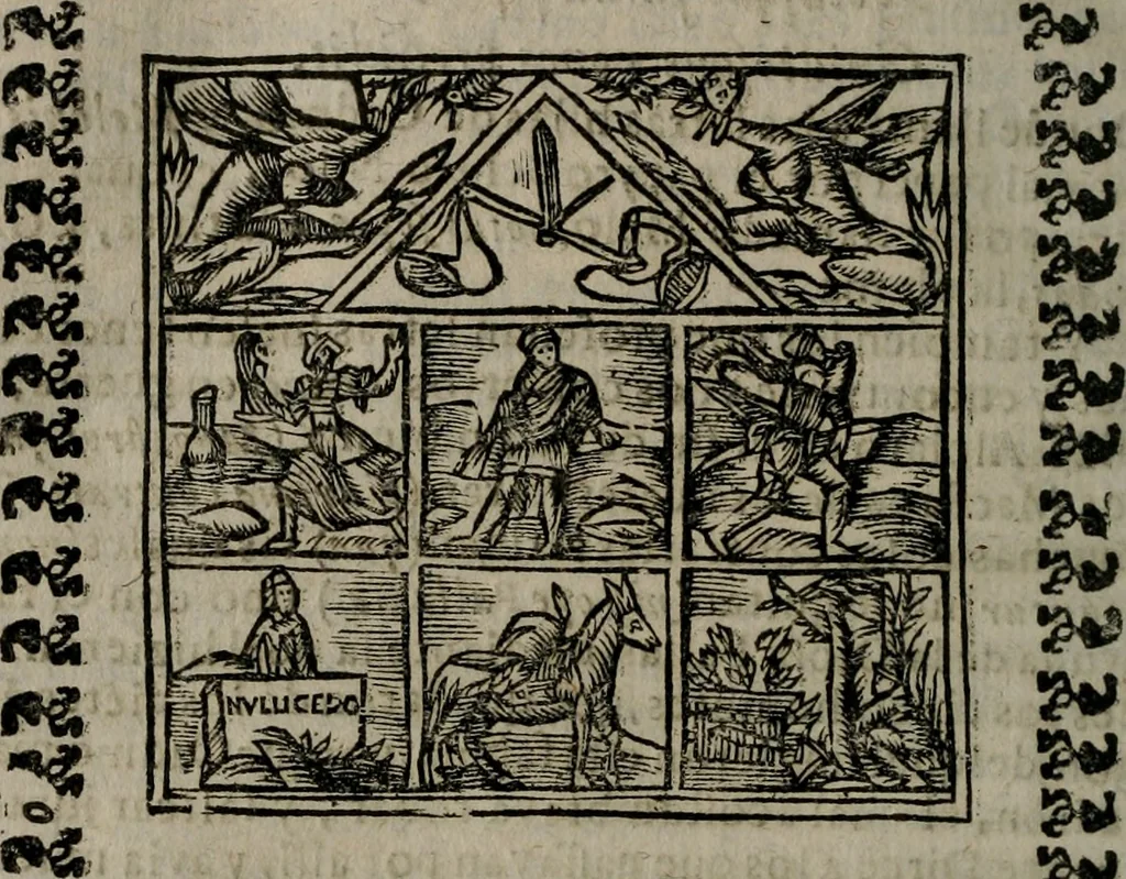 An illustration from Declaracion magistral sobre las Emblemas de Andres Alciato : con todas las historias, antiguedades, moralidad, y doctrina, tocante a las buenas costumbres : dedicadas a la muy noble insigne, leal, y coronada ciudad de Valencia, 1670, leaf 655