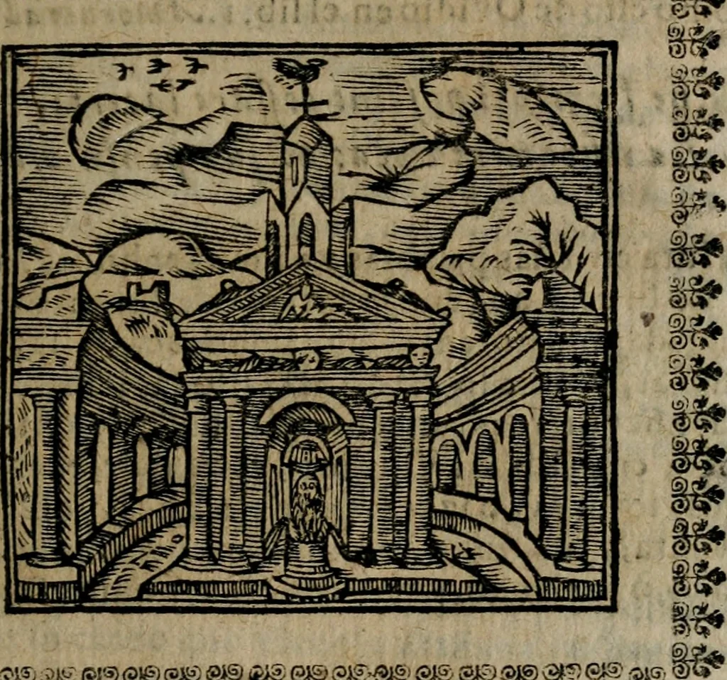 An illustration from Declaracion magistral sobre las Emblemas de Andres Alciato : con todas las historias, antiguedades, moralidad, y doctrina, tocante a las buenas costumbres : dedicadas a la muy noble insigne, leal, y coronada ciudad de Valencia, 1670, leaf 98