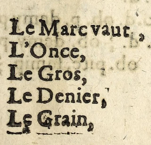 An illustration from Declaration dv roy, portant reglement pour le nouueau prix donné aux especes d'argent legeres & rognées: ensemble pour l'obseruation des prix de l'or & argent employez aux ouurages d'orfeurerie. Et defenses de fondre les monoyes, & les transporter ny autres matieres d'or & d'argent hors du royaume. Verifiée en la Cour des monoyes le 30. octobre, mil six cens quarante., 1640, leaf 25