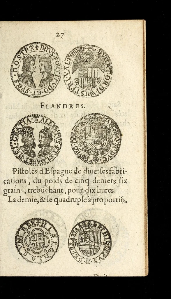 An illustration from [Declaration du roy, portant que les monnoyes d'argent legeres ne seront exposées que pour leur iuste prix selon leur poids & titre, & que tous les poids dont on se seruira pour les monnoyes, seront aiustez & estallonnez sur ceux de la Cour des monnoyes dans vn mois : registrée en la Cour des monnoyes le 24. octobre 1640 : ensemble l'arrest de ladite cour, pour le fait de l'estalonnement desdits poids]., 1640, leaf 27