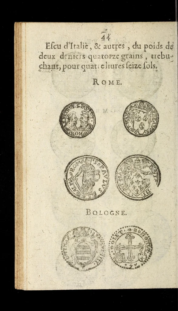 An illustration from [Declaration du roy, portant que les monnoyes d'argent legeres ne seront exposées que pour leur iuste prix selon leur poids & titre, & que tous les poids dont on se seruira pour les monnoyes, seront aiustez & estallonnez sur ceux de la Cour des monnoyes dans vn mois : registrée en la Cour des monnoyes le 24. octobre 1640 : ensemble l'arrest de ladite cour, pour le fait de l'estalonnement desdits poids]., 1640, leaf 44