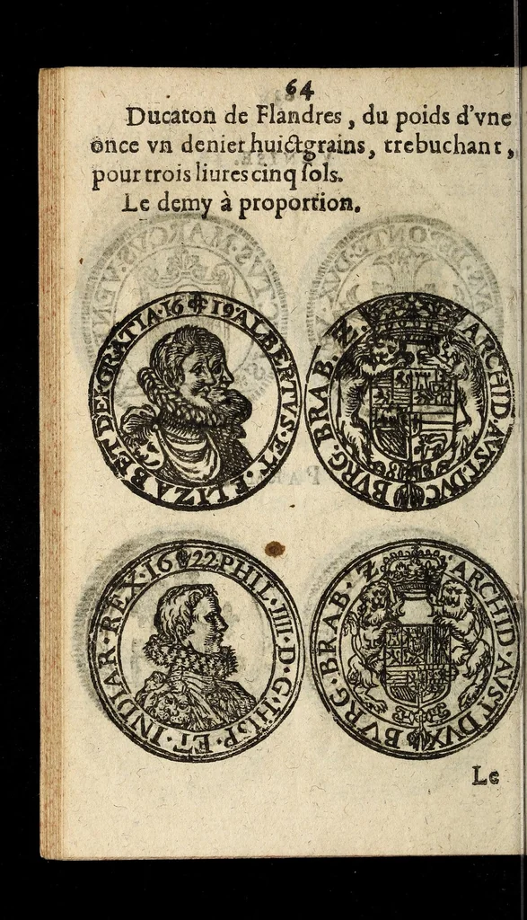 An illustration from [Declaration du roy, portant que les monnoyes d'argent legeres ne seront exposées que pour leur iuste prix selon leur poids & titre, & que tous les poids dont on se seruira pour les monnoyes, seront aiustez & estallonnez sur ceux de la Cour des monnoyes dans vn mois : registrée en la Cour des monnoyes le 24. octobre 1640 : ensemble l'arrest de ladite cour, pour le fait de l'estalonnement desdits poids]., 1640, leaf 64