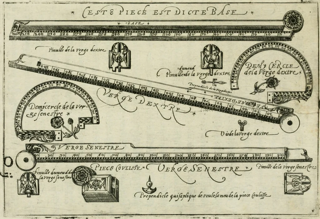 An illustration from Declaration de l'vsage du graphometre : par la pratique duq[ue]l l'on peut mesurer toutes distances des choses de remarque qui se pourront voir et discerner du lieu ou il sera posé : et po[ur] arpenter terres, bois, prez, & faire plans de villes et forteresses, cartes geographiques, & generalement toutes mesures visibles : et ce sans reigle d'arithmetique, 1597, leaf 102