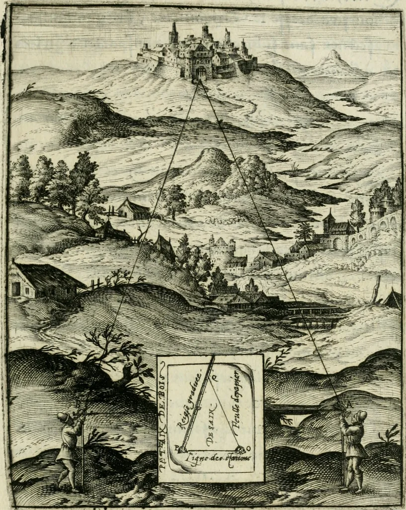 An illustration from Declaration de l'vsage du graphometre : par la pratique duq[ue]l l'on peut mesurer toutes distances des choses de remarque qui se pourront voir et discerner du lieu ou il sera posé : et po[ur] arpenter terres, bois, prez, & faire plans de villes et forteresses, cartes geographiques, & generalement toutes mesures visibles : et ce sans reigle d'arithmetique, 1597, leaf 114