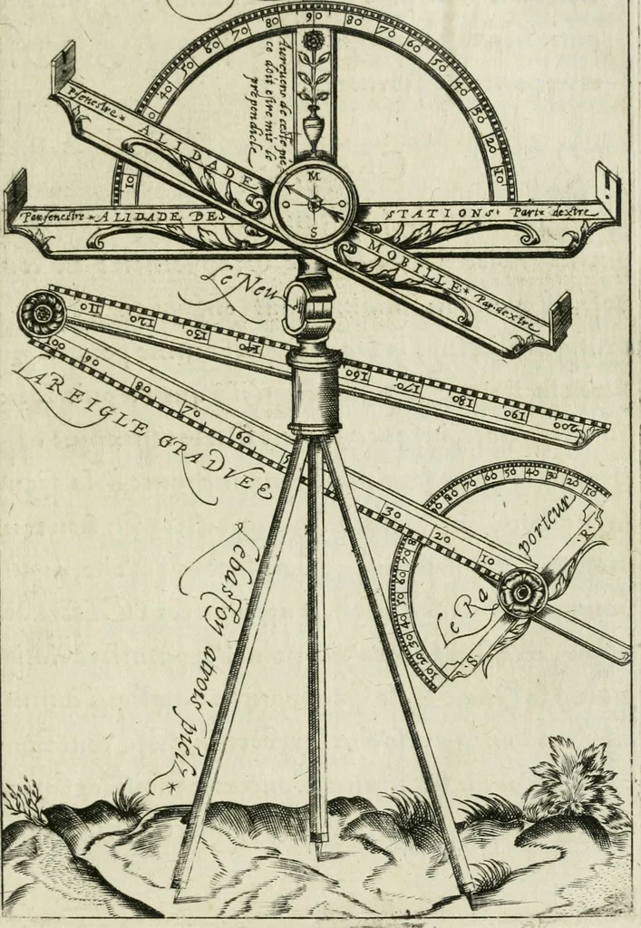 An illustration from Declaration de l'vsage du graphometre : par la pratique duq[ue]l l'on peut mesurer toutes distances des choses de remarque qui se pourront voir et discerner du lieu ou il sera posé : et po[ur] arpenter terres, bois, prez, & faire plans de villes et forteresses, cartes geographiques, & generalement toutes mesures visibles : et ce sans reigle d'arithmetique, 1597, leaf 12