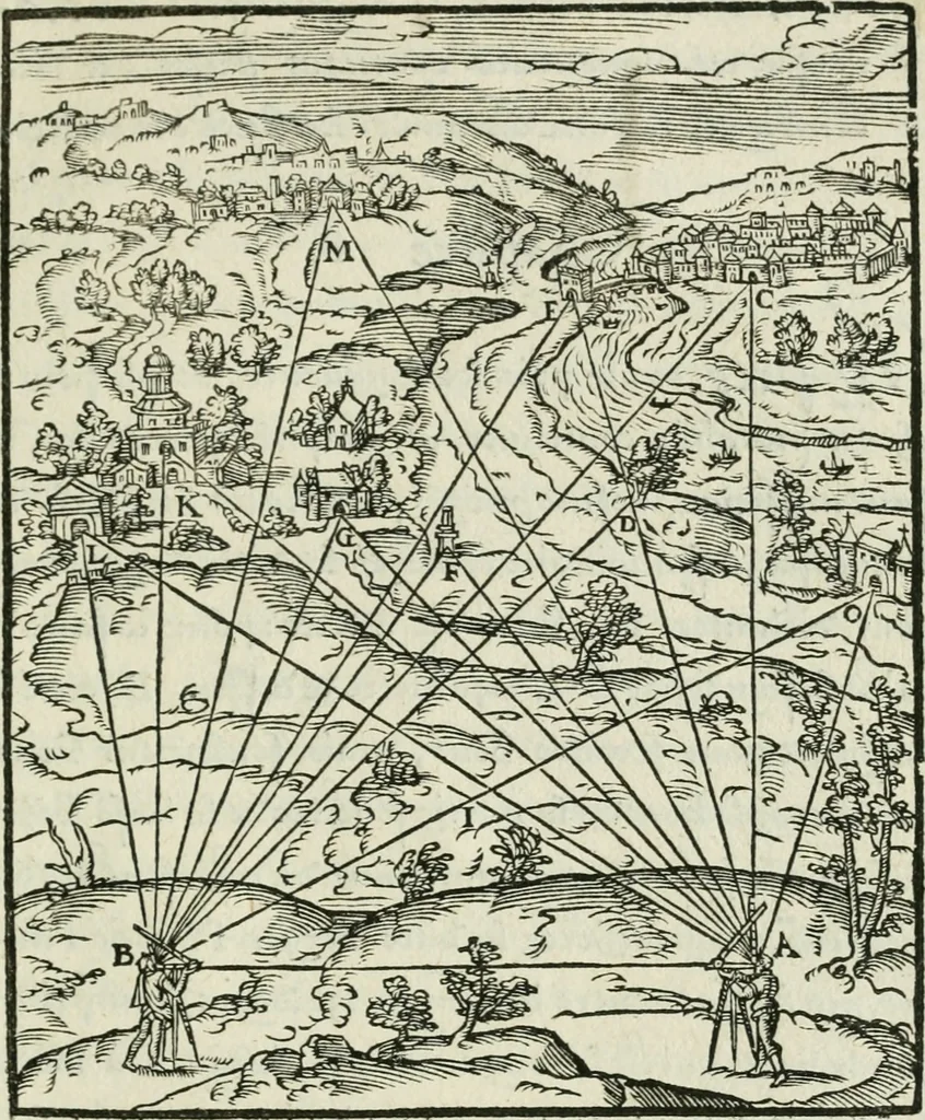 An illustration from Declaration de l'vsage du graphometre : par la pratique duq[ue]l l'on peut mesurer toutes distances des choses de remarque qui se pourront voir et discerner du lieu ou il sera posé : et po[ur] arpenter terres, bois, prez, & faire plans de villes et forteresses, cartes geographiques, & generalement toutes mesures visibles : et ce sans reigle d'arithmetique, 1597, leaf 120