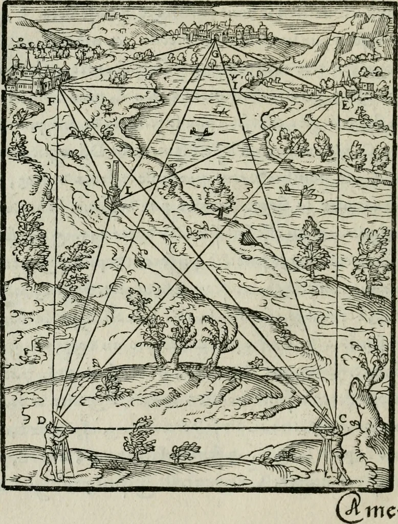 An illustration from Declaration de l'vsage du graphometre : par la pratique duq[ue]l l'on peut mesurer toutes distances des choses de remarque qui se pourront voir et discerner du lieu ou il sera posé : et po[ur] arpenter terres, bois, prez, & faire plans de villes et forteresses, cartes geographiques, & generalement toutes mesures visibles : et ce sans reigle d'arithmetique, 1597, leaf 123