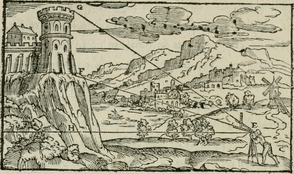 An illustration from Declaration de l'vsage du graphometre : par la pratique duq[ue]l l'on peut mesurer toutes distances des choses de remarque qui se pourront voir et discerner du lieu ou il sera posé : et po[ur] arpenter terres, bois, prez, & faire plans de villes et forteresses, cartes geographiques, & generalement toutes mesures visibles : et ce sans reigle d'arithmetique, 1597, leaf 129