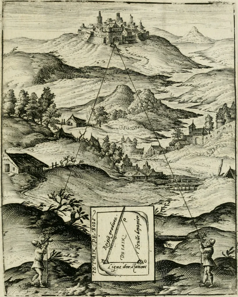 An illustration from Declaration de l'vsage du graphometre : par la pratique duq[ue]l l'on peut mesurer toutes distances des choses de remarque qui se pourront voir et discerner du lieu ou il sera posé : et po[ur] arpenter terres, bois, prez, & faire plans de villes et forteresses, cartes geographiques, & generalement toutes mesures visibles : et ce sans reigle d'arithmetique, 1597, leaf 22