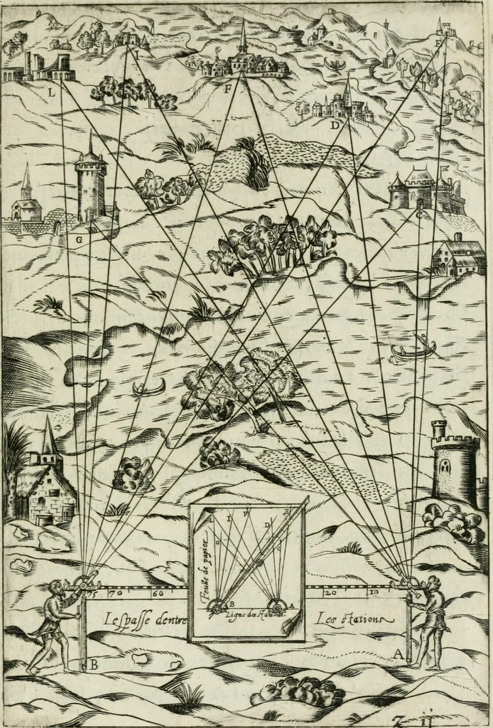 An illustration from Declaration de l'vsage du graphometre : par la pratique duq[ue]l l'on peut mesurer toutes distances des choses de remarque qui se pourront voir et discerner du lieu ou il sera posé : et po[ur] arpenter terres, bois, prez, & faire plans de villes et forteresses, cartes geographiques, & generalement toutes mesures visibles : et ce sans reigle d'arithmetique, 1597, leaf 38