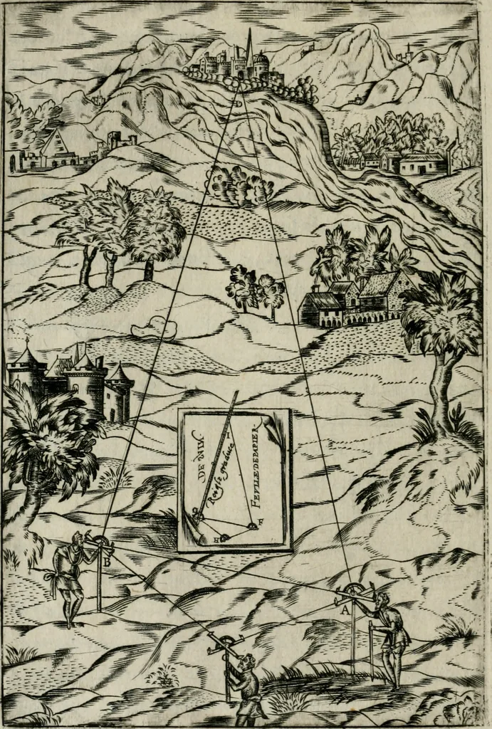An illustration from Declaration de l'vsage du graphometre : par la pratique duq[ue]l l'on peut mesurer toutes distances des choses de remarque qui se pourront voir et discerner du lieu ou il sera posé : et po[ur] arpenter terres, bois, prez, & faire plans de villes et forteresses, cartes geographiques, & generalement toutes mesures visibles : et ce sans reigle d'arithmetique, 1597, leaf 45