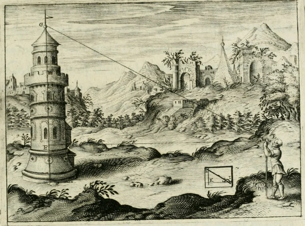 An illustration from Declaration de l'vsage du graphometre : par la pratique duq[ue]l l'on peut mesurer toutes distances des choses de remarque qui se pourront voir et discerner du lieu ou il sera posé : et po[ur] arpenter terres, bois, prez, & faire plans de villes et forteresses, cartes geographiques, & generalement toutes mesures visibles : et ce sans reigle d'arithmetique, 1597, leaf 50