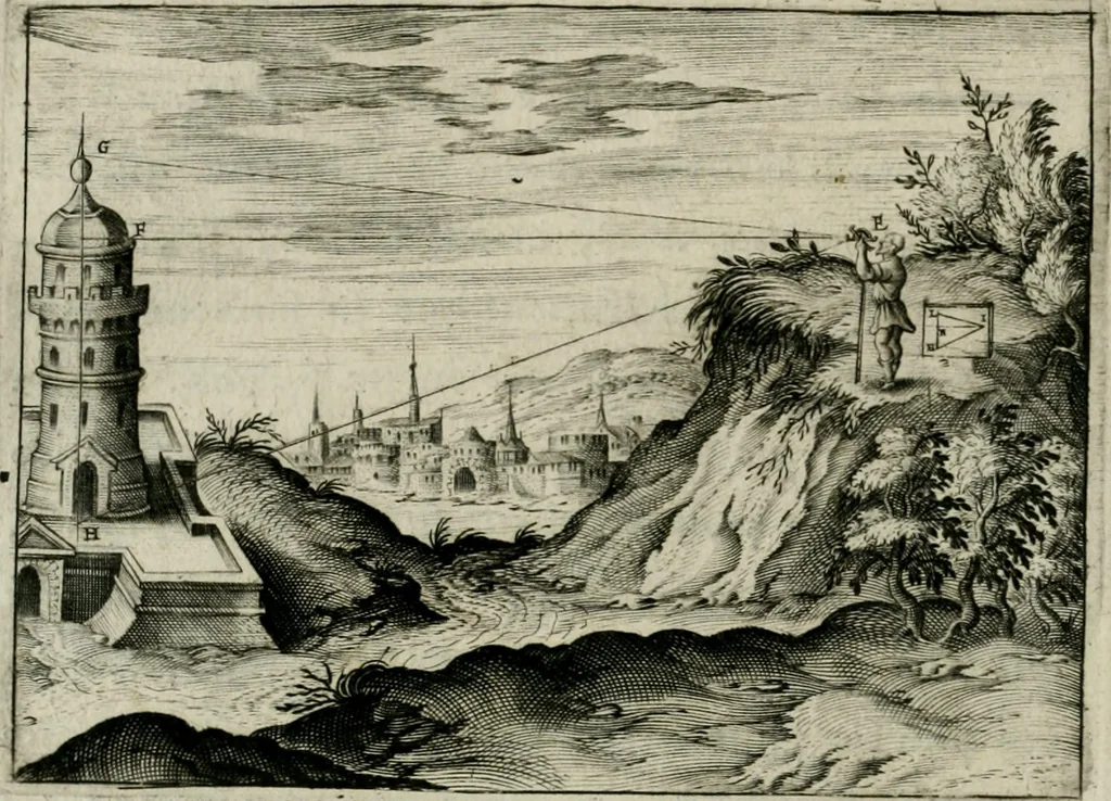 An illustration from Declaration de l'vsage du graphometre : par la pratique duq[ue]l l'on peut mesurer toutes distances des choses de remarque qui se pourront voir et discerner du lieu ou il sera posé : et po[ur] arpenter terres, bois, prez, & faire plans de villes et forteresses, cartes geographiques, & generalement toutes mesures visibles : et ce sans reigle d'arithmetique, 1597, leaf 59