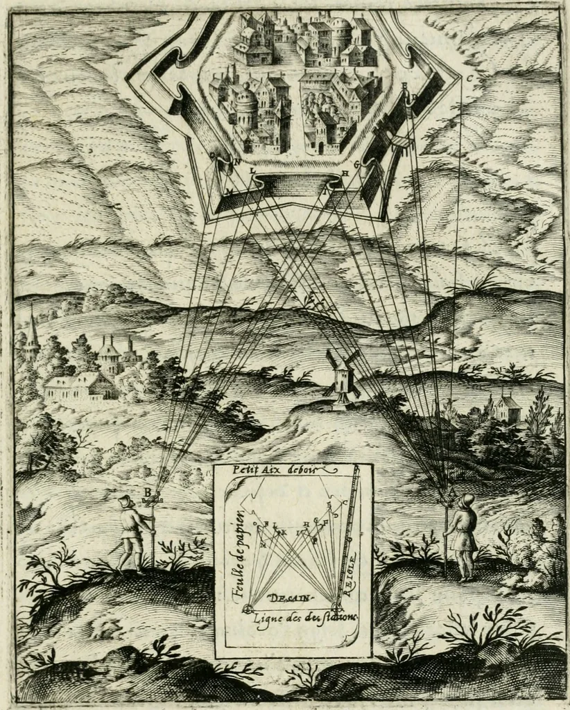 An illustration from Declaration de l'vsage du graphometre : par la pratique duq[ue]l l'on peut mesurer toutes distances des choses de remarque qui se pourront voir et discerner du lieu ou il sera posé : et po[ur] arpenter terres, bois, prez, & faire plans de villes et forteresses, cartes geographiques, & generalement toutes mesures visibles : et ce sans reigle d'arithmetique, 1597, leaf 70