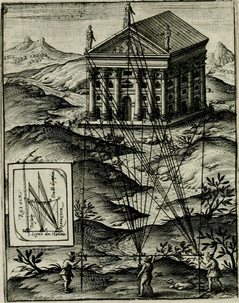 An illustration from Declaration de l'vsage du graphometre : par la pratique duq[ue]l l'on peut mesurer toutes distances des choses de remarque qui se pourront voir et discerner du lieu ou il sera posé : et po[ur] arpenter terres, bois, prez, & faire plans de villes et forteresses, cartes geographiques, & generalement toutes mesures visibles : et ce sans reigle d'arithmetique, 1597, leaf 81