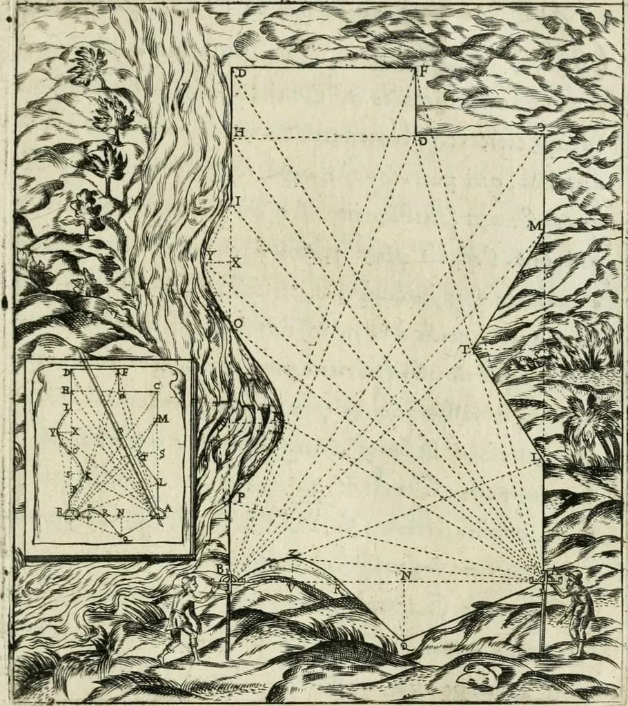 An illustration from Declaration de l'vsage du graphometre : par la pratique duq[ue]l l'on peut mesurer toutes distances des choses de remarque qui se pourront voir et discerner du lieu ou il sera posé : et po[ur] arpenter terres, bois, prez, & faire plans de villes et forteresses, cartes geographiques, & generalement toutes mesures visibles : et ce sans reigle d'arithmetique, 1597, leaf 92