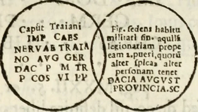 An illustration from De colvmna Traiani syntagma. Accesserunt explicatio veteris tabellae anaglyphae Homeri Iliadem, atqve ex Stesichoro, Arctino et Lesche Ilii excidivm continentis, & Emissarii Lacus Fvcini descriptio, 1683, leaf 114