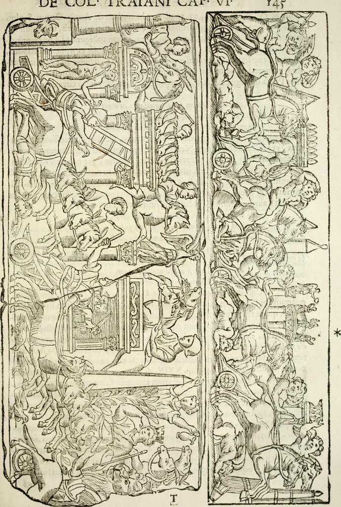 An illustration from De colvmna Traiani syntagma. Accesserunt explicatio veteris tabellae anaglyphae Homeri Iliadem, atqve ex Stesichoro, Arctino et Lesche Ilii excidivm continentis, & Emissarii Lacus Fvcini descriptio, 1683, leaf 152