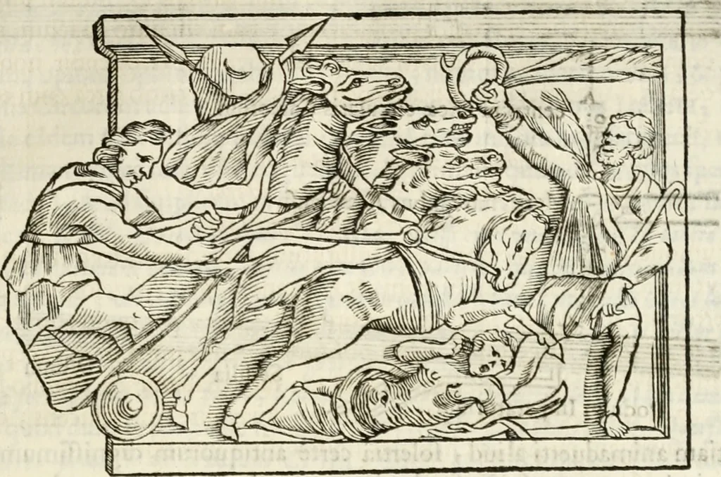 An illustration from De colvmna Traiani syntagma. Accesserunt explicatio veteris tabellae anaglyphae Homeri Iliadem, atqve ex Stesichoro, Arctino et Lesche Ilii excidivm continentis, & Emissarii Lacus Fvcini descriptio, 1683, leaf 154