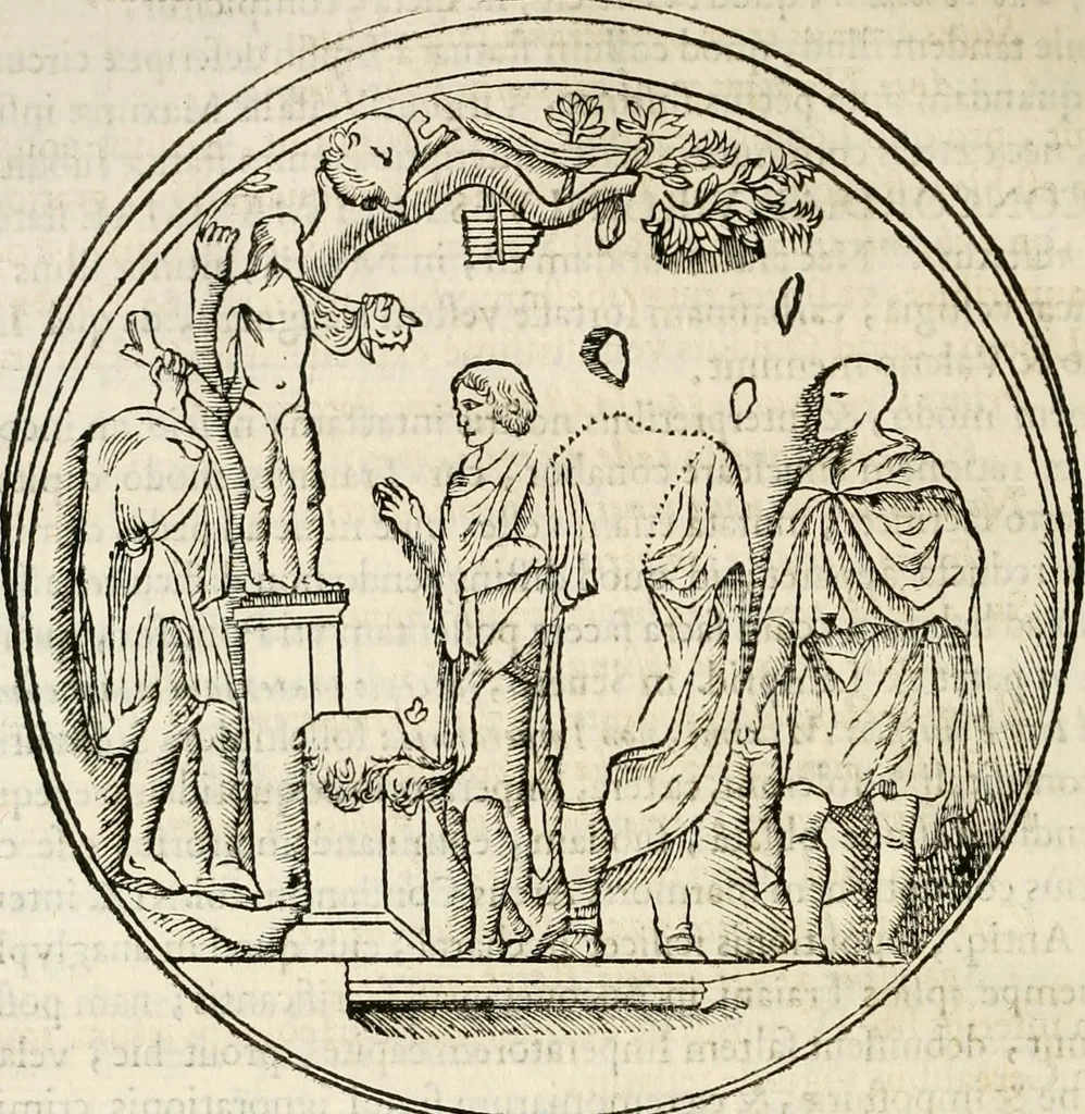 An illustration from De colvmna Traiani syntagma. Accesserunt explicatio veteris tabellae anaglyphae Homeri Iliadem, atqve ex Stesichoro, Arctino et Lesche Ilii excidivm continentis, & Emissarii Lacus Fvcini descriptio, 1683, leaf 177