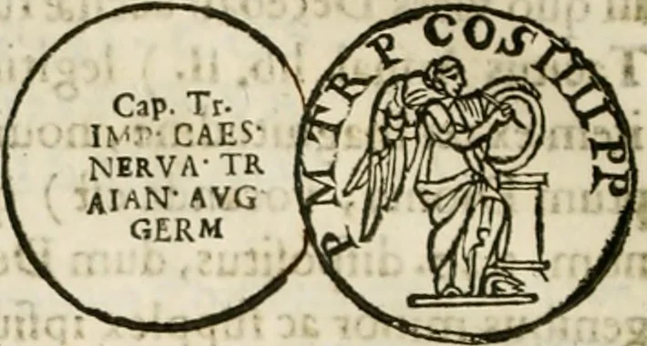 An illustration from De colvmna Traiani syntagma. Accesserunt explicatio veteris tabellae anaglyphae Homeri Iliadem, atqve ex Stesichoro, Arctino et Lesche Ilii excidivm continentis, & Emissarii Lacus Fvcini descriptio, 1683, leaf 287