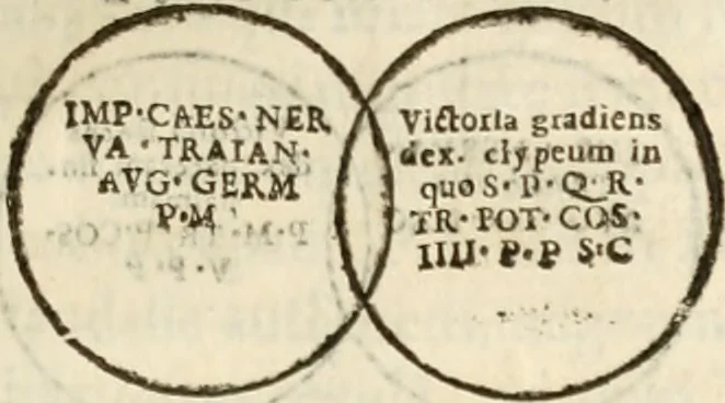An illustration from De colvmna Traiani syntagma. Accesserunt explicatio veteris tabellae anaglyphae Homeri Iliadem, atqve ex Stesichoro, Arctino et Lesche Ilii excidivm continentis, & Emissarii Lacus Fvcini descriptio, 1683, leaf 314