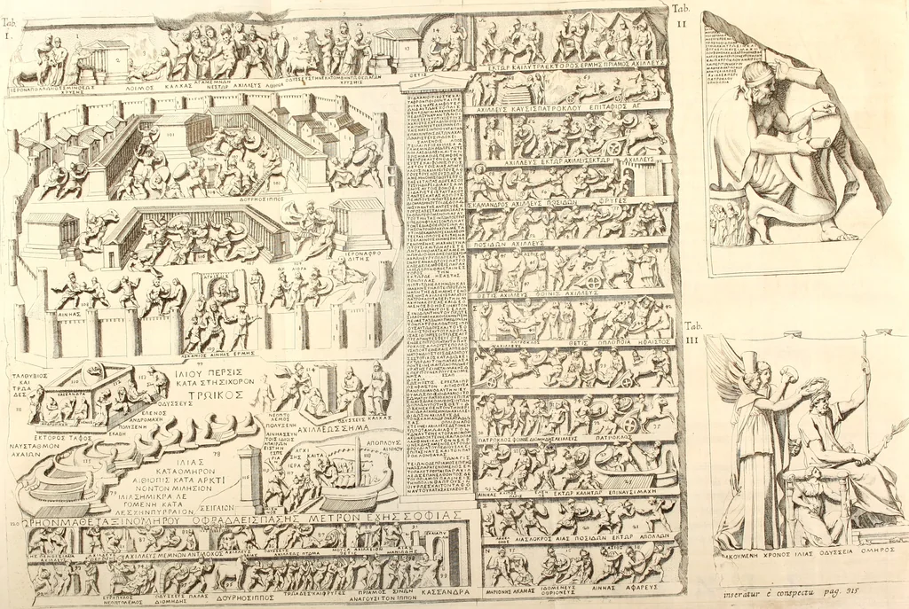 An illustration from De colvmna Traiani syntagma. Accesserunt explicatio veteris tabellae anaglyphae Homeri Iliadem, atqve ex Stesichoro, Arctino et Lesche Ilii excidivm continentis, & Emissarii Lacus Fvcini descriptio, 1683, leaf 323