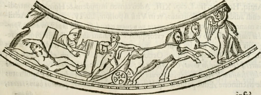 An illustration from De colvmna Traiani syntagma. Accesserunt explicatio veteris tabellae anaglyphae Homeri Iliadem, atqve ex Stesichoro, Arctino et Lesche Ilii excidivm continentis, & Emissarii Lacus Fvcini descriptio, 1683, leaf 342