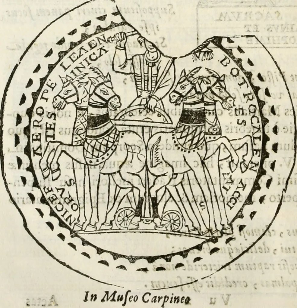 An illustration from De colvmna Traiani syntagma. Accesserunt explicatio veteris tabellae anaglyphae Homeri Iliadem, atqve ex Stesichoro, Arctino et Lesche Ilii excidivm continentis, & Emissarii Lacus Fvcini descriptio, 1683, leaf 349