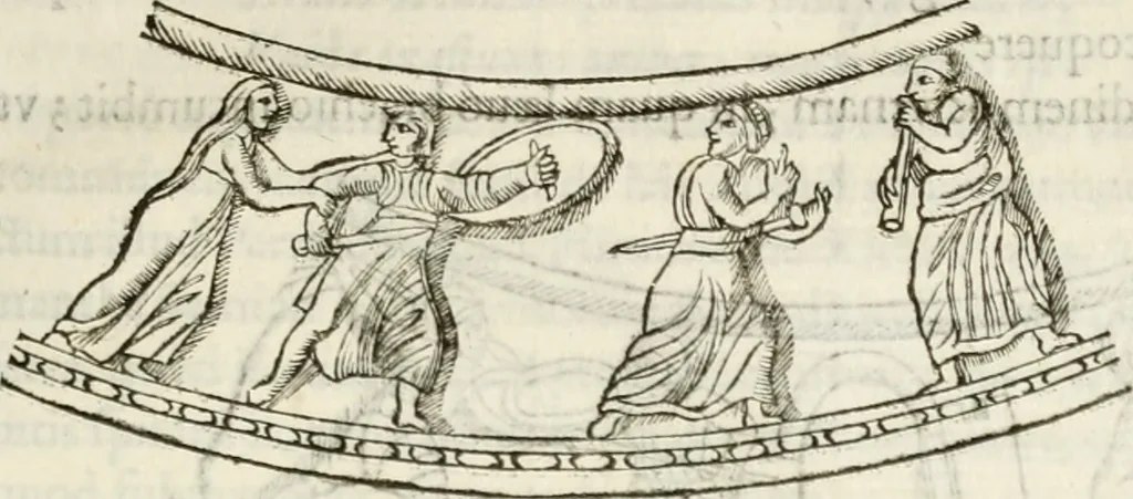 An illustration from De colvmna Traiani syntagma. Accesserunt explicatio veteris tabellae anaglyphae Homeri Iliadem, atqve ex Stesichoro, Arctino et Lesche Ilii excidivm continentis, & Emissarii Lacus Fvcini descriptio, 1683, leaf 368