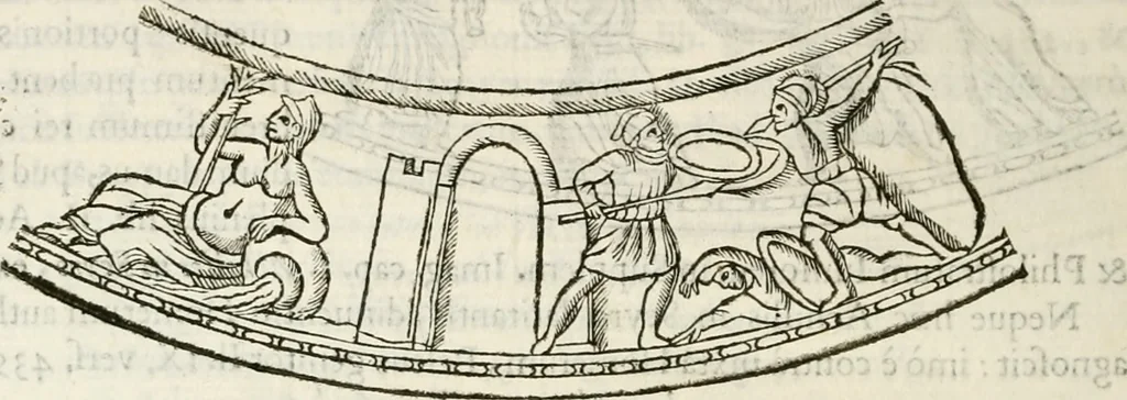 An illustration from De colvmna Traiani syntagma. Accesserunt explicatio veteris tabellae anaglyphae Homeri Iliadem, atqve ex Stesichoro, Arctino et Lesche Ilii excidivm continentis, & Emissarii Lacus Fvcini descriptio, 1683, leaf 369