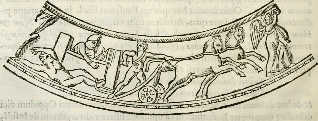 An illustration from De colvmna Traiani syntagma. Accesserunt explicatio veteris tabellae anaglyphae Homeri Iliadem, atqve ex Stesichoro, Arctino et Lesche Ilii excidivm continentis, & Emissarii Lacus Fvcini descriptio, 1683, leaf 369