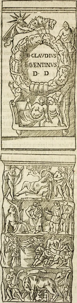 An illustration from De colvmna Traiani syntagma. Accesserunt explicatio veteris tabellae anaglyphae Homeri Iliadem, atqve ex Stesichoro, Arctino et Lesche Ilii excidivm continentis, & Emissarii Lacus Fvcini descriptio, 1683, leaf 89