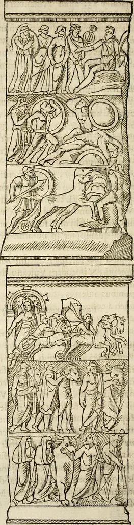 An illustration from De colvmna Traiani syntagma. Accesserunt explicatio veteris tabellae anaglyphae Homeri Iliadem, atqve ex Stesichoro, Arctino et Lesche Ilii excidivm continentis, & Emissarii Lacus Fvcini descriptio, 1683, leaf 89