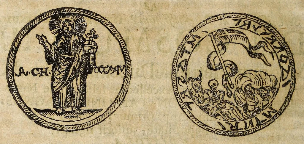 An illustration from De Constantini Magni, Christianor. impp. primi, duobus nummis : qvorum priorem, accepto sacro-sancto Baptismate, posteriorem autem, paterne facta Imperii sui anno ejusd. ultimo, inter tres filios partione, is jusserit signari epistolae duae ..., 1693, leaf 22